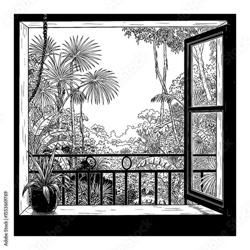 A View from an Open Window with Tropical Jungle Lush Foliage Black and White Outline Line Art Drawing