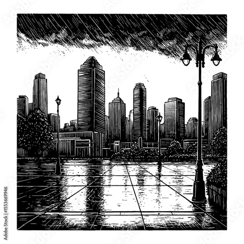 Beautiful Raining Cloudy Empty City Landscape with Skyscrapers and Wet Pavement Black and White Outline Line Art Drawing