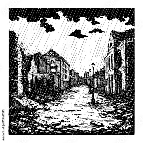 Beautiful Raining Cloudy Empty City Ruins Landscape Black and White Outline Line Art Drawing