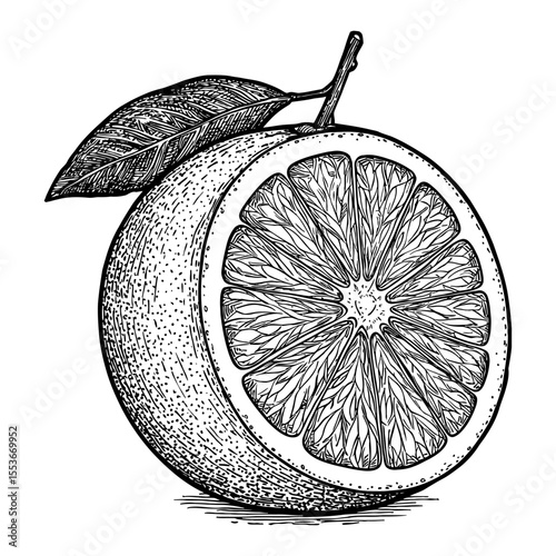 Detailed Sliced Orange Fruit with Leaf and Stem Black and White Outline Line Art Drawing Engraving Style Isolated