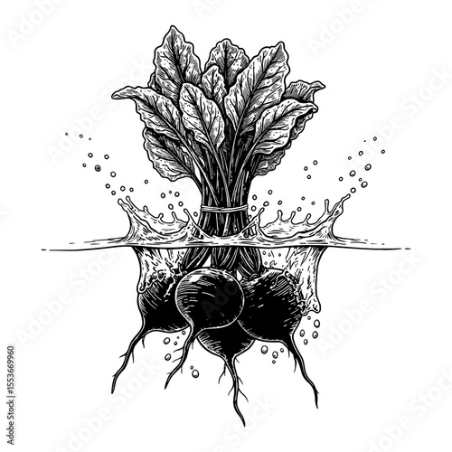 Fresh Beetroots Bunch Splashing into Clear Water with Dynamic Splash Black and White Outline Line Art Drawing