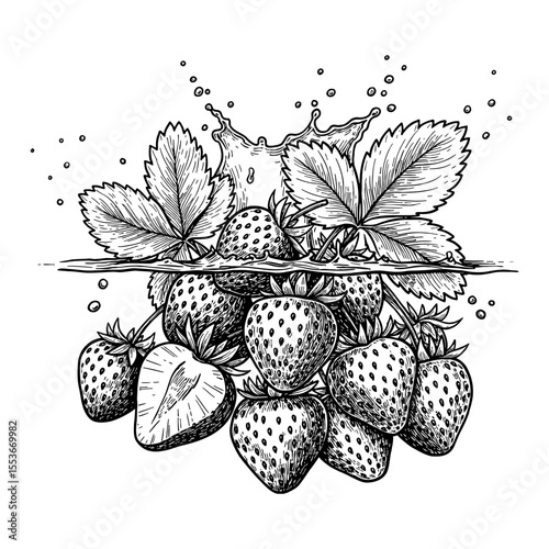 Detailed Hand Drawn Bunch of Strawberries with Leaves Splashing Water Black and White Outline Line Art Drawing