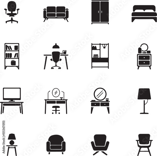Vector set of various home furniture icons in modern black and white design