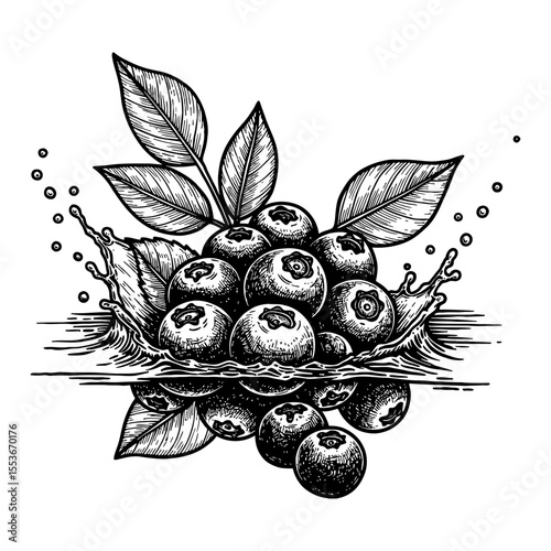 A Handful of Blueberries with Leaves Splashing in Water Black and White Outline Line Art Drawing