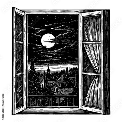 A View From Window with Beautiful Moon in the Night Black and White Outline Line Art Drawing Scene