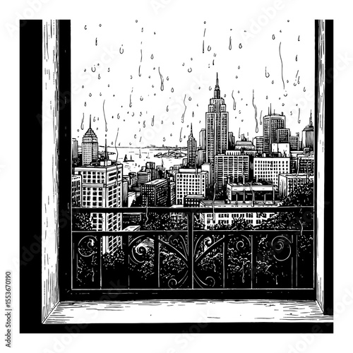 Rainy Cityscape View from Window Balcony Urban Landscape Black and White Outline Line Art Drawing