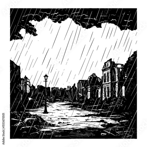 Beautiful Raining Cloudy Empty City Ruins Landscape with Street Lamp Black and White Outline Line Art Drawing