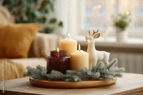 Cozy Christmas Candles Arrangement on Wooden Tray