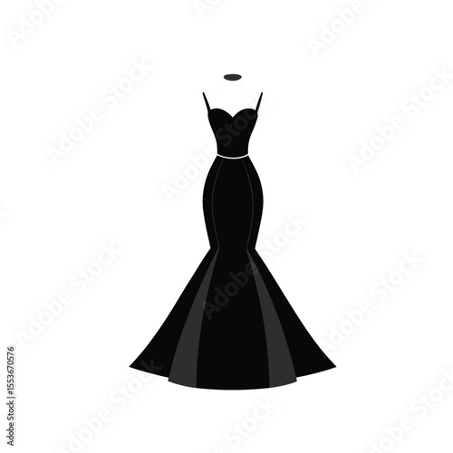 black vector silhouette formal dress, evening grown, cocktail dress, , strapless bodice, flared skirt,  fashion illustration, elegant, high contrast, minimalist design on white background