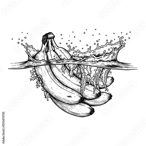 A Large Bunch of Fresh Bananas Splashing into Clear Water with Droplets Black and White Outline Line Art Drawing