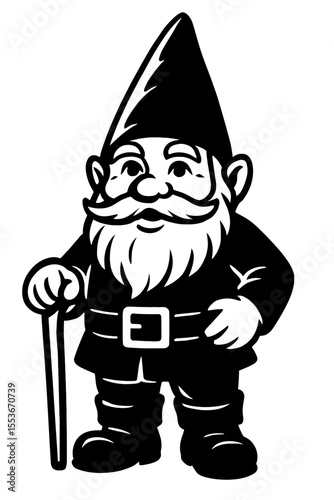 Charming Black and White Garden Gnome with Walking Stick Icon - Whimsical Fantasy Figure