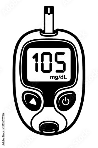 Black and White Blood Glucose Meter Icon with Reading - Diabetes Management Symbol
