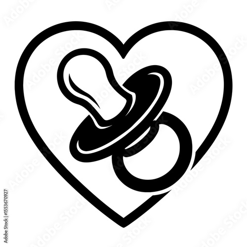 Black and White Heart Outline with Baby Pacifier Icon - Symbol of Baby Care, Love, and Parenthood