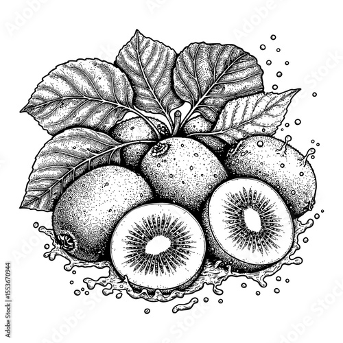 A Bunch of Fresh Whole and Sliced Kiwi Fruits with Detailed Leaf Splashing Black and White Outline Line Art Drawing