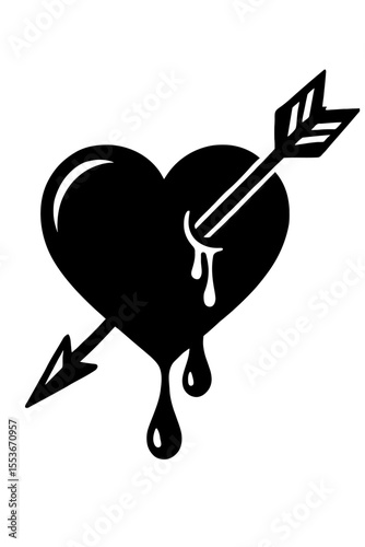 Black and White Bleeding Heart with Arrow Icon - Symbol of Broken Heart, Pain, and Lost Love