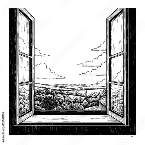 A beautiful sky landscape view from an open window in detailed Black and White Outline Line Art Drawing