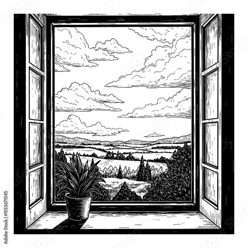 Beautiful Sky Landscape View from Window with Potted Plant Black and White Outline Line Art Drawing
