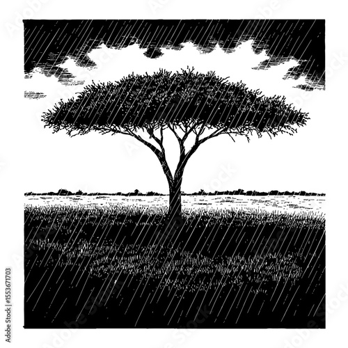 Beautiful Raining Cloudy Empty Savannah Landscape with Tree Black and White Outline Line Art Drawing