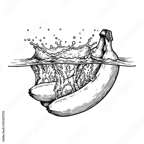 Fresh Yellow Bananas Splashing into Clear Water Creating Splashes and Bubbles Black and White Outline Line Art Drawing