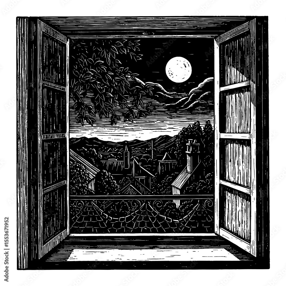 Fototapeta premium A Beautiful Moonlit Night View from an Open Window Black and White Outline Line Art Drawing of a Village Landscape