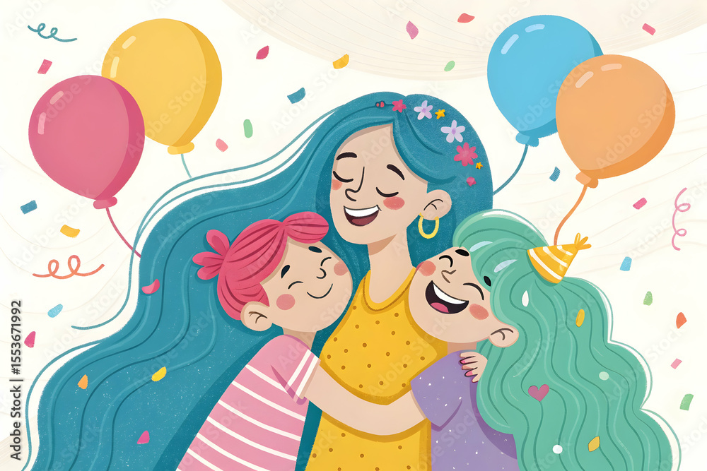 Happy cartoon family and children with balloons celebrating a fun birthday party Happy cartoon family and children with balloons celebrating a fun birthday party