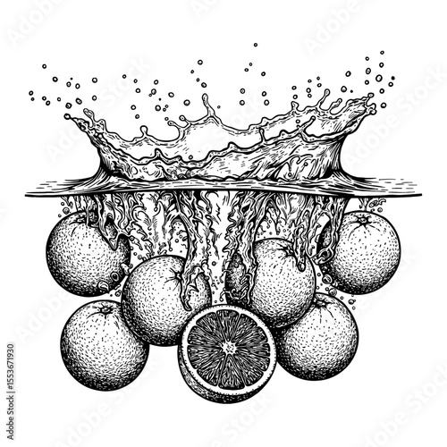 A Bunch of Whole and Sliced Oranges Splashing into Clear Water Black and White Outline Line Art Drawing