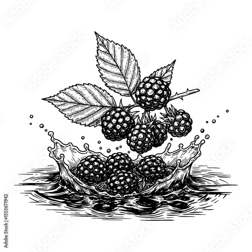 A Handful of Blackberries with Leaves Splashing in Water Black and White Outline Line Art Drawing