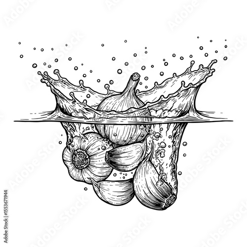 A Handful of Garlic Cloves Splashing into Water Dynamic Black and White Outline Line Art Drawing