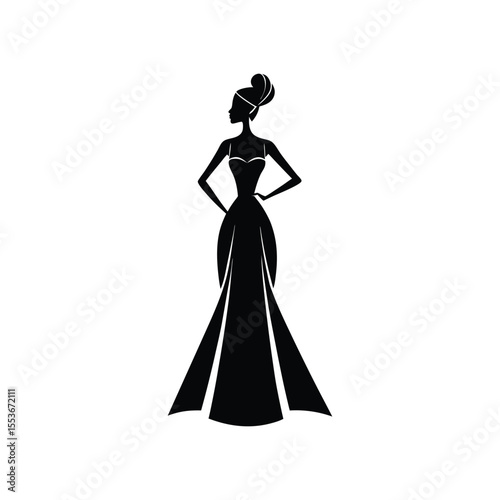 black silhouette dress, feminine figure, high waisted skirt, elegant evening grown, dramatic contrast, minimalist fashion illustration on white background