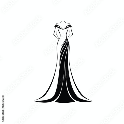 wedding dress, evening grown, dress, fashion design, black and white, line art, minimalist, sketch, simple, elegant on white background