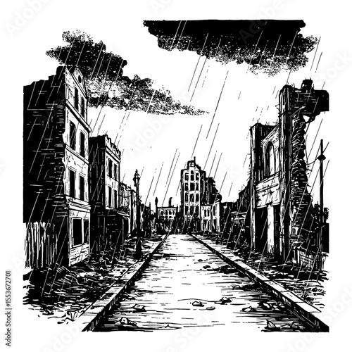 Beautiful Raining Cloudy Empty City Ruins Landscape Vintage Black and White Outline Line Art Drawing