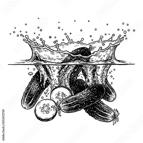 A Bunch of Fresh Cucumbers Splashing into Water with Vigorous Splash and Droplets Black and White Outline Line Art Drawing