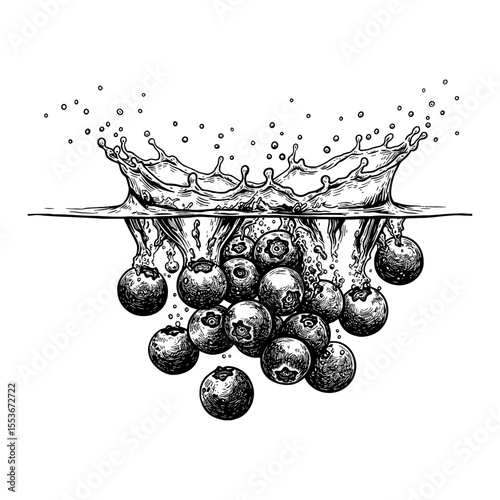 A Handful of Blueberries Splashing Into Water with Crown Splash Black and White Outline Line Art Drawing Illustration