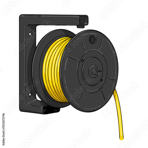 Vector illustration of wall-mounted retractable power cord reel with round housing and yellow cable on transparent background