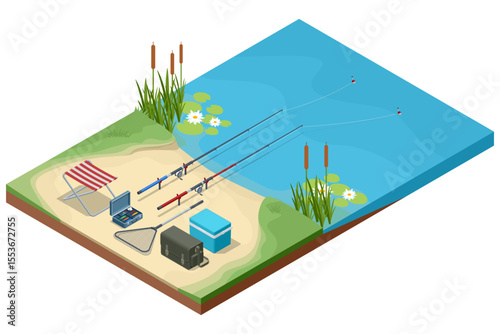 Isometric fishing by the lake. Fishing rods, tackle box, cooler, folding chair, net, and a campfire arranged nearby. Peaceful outdoor recreation in nature, combining fishing and camping.