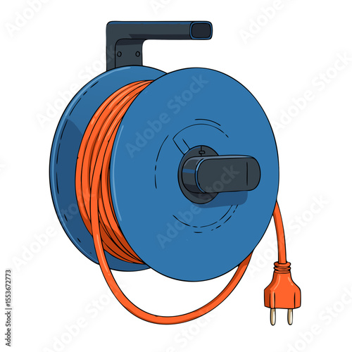 Vector illustration of wall-mounted retractable power cord reel with round blue housing and orange cable on transparent background