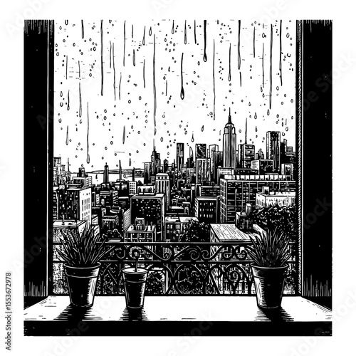 A View From Window with Raining City Landscape Skyscraper Buildings Black and White Outline Line Art Drawing
