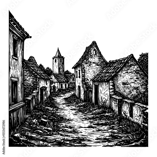 Beautiful Empty Village Ruins Landscape Black and White Outline Line Art Drawing of Old Rural Houses and Church Tower