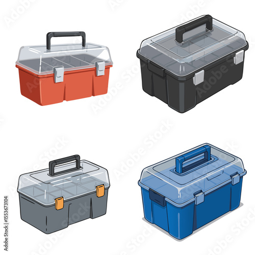 Set of four plastic toolboxes with compartments, transparent lids and handles on transparent background
