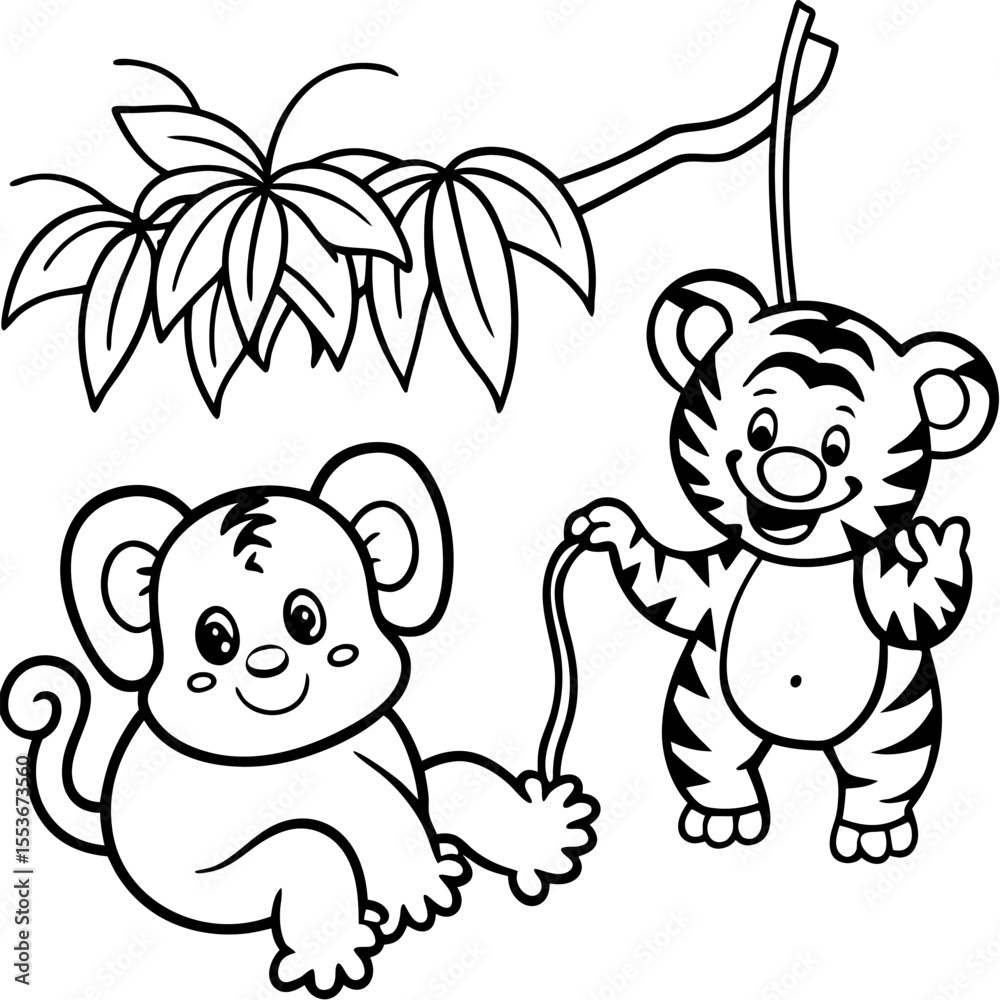 Obraz premium Tiger Cub, Elephant, and Monkey a baby tiger, a joyful elephant, and a monkey swinging from a branch together