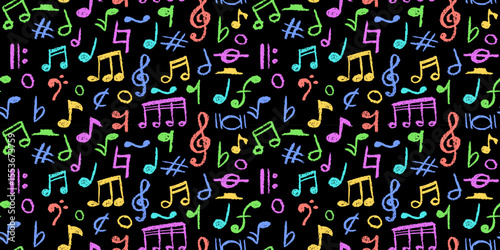 Handwritten pop music elements. Charcoal style seamless pattern. Scribble colorful notes for kindergarten kids. Vector illustration of a cute childish music school pastel or wax pencil signs.