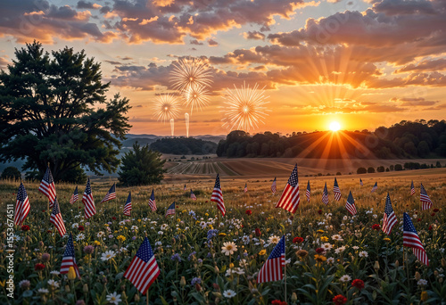 American flags in a field of flowers and fireworks in the sunset sky in the distance, America's Independence Day holiday