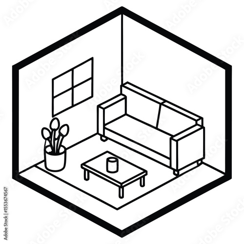 Isometric cozy apartment interior, contemporary living room 3d furniture. Living room with sofa 