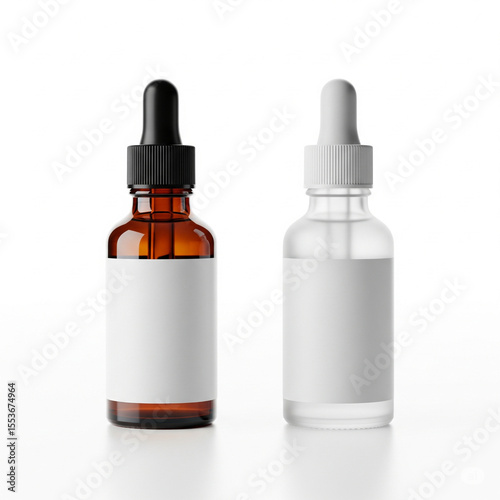 Amber and Frosted Dropper Bottles with Blank Labels on White Background