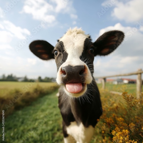 Cute Calf with Tongue Out in a Field