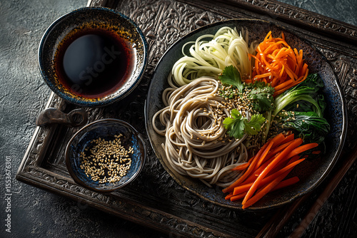 flat lay of soba noodles with sesame seeds sliced carrots bok choy cucumber and dipping sauce in dark ceramic bowls on textured surface perfect for asian food styling and menu design