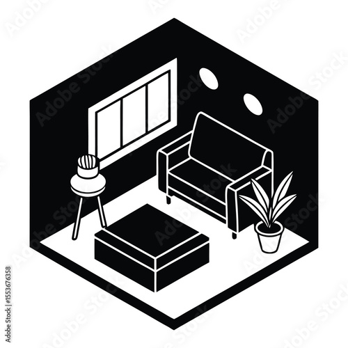 Isometric cozy apartment interior, contemporary living room 3d furniture. Living room with sofa 