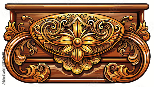 Close up Vintage drawer handle close-up showcasing intricate design on polished wood furniture white background
