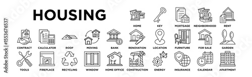 HOUSING icon set. Editable Stroke Icon Collection. Home, Key, Mortgage, Neighborhood, Rent, Renovation, Location, Furniture, For Sale, Garden, Contract, Calculator, Roof, Moving, Bank, Construction,  