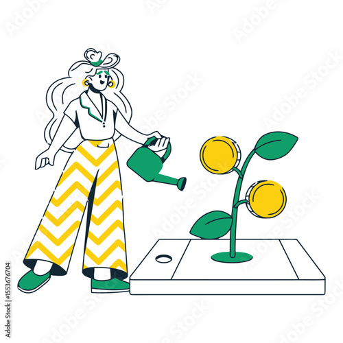 Illustration of woman watering money tree investment growth finance business success wealth earning fund vector art illustration